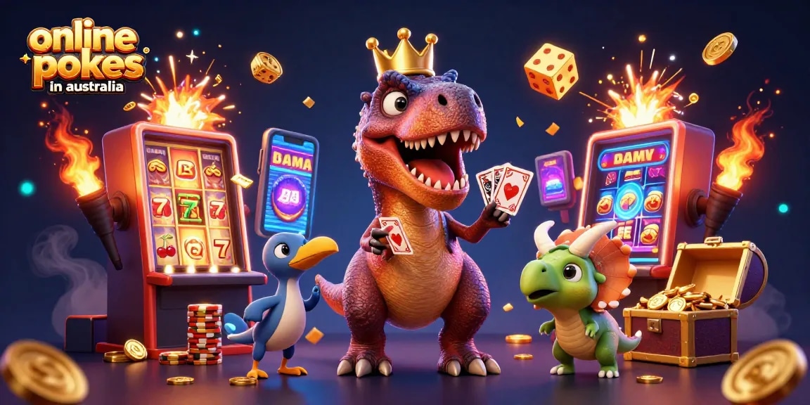 Engage with online pokies in Australia through a vibrant 3D casino scene featuring colorful characters and exciting elements.