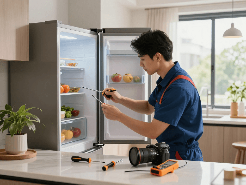 Technician performing refrigerator repair Aurora in a modern kitchen.