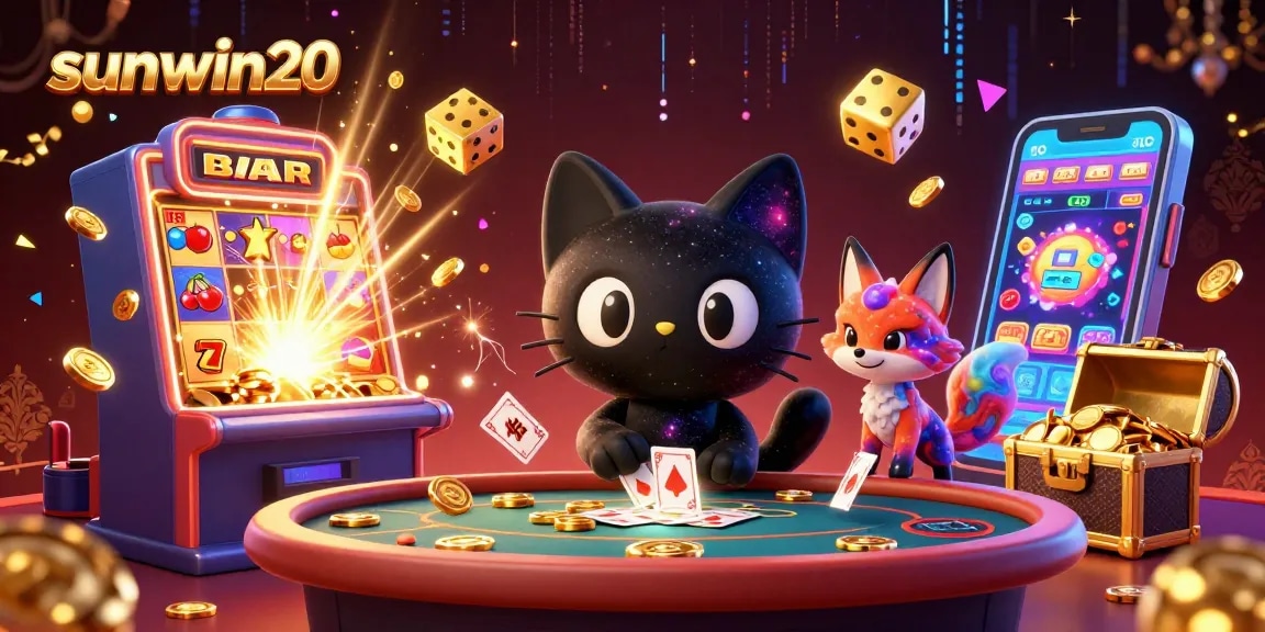 Experience sunwin20 with a cosmic casino scene featuring a black hole cat and a nebula fox amid jackpots.