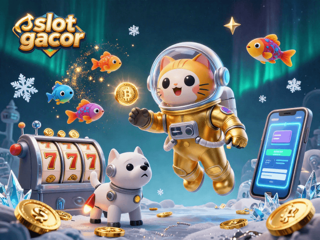 Engage with the thrilling slot gacor experience alongside a space-themed 3D illustration featuring a floating cat and a robot dog.