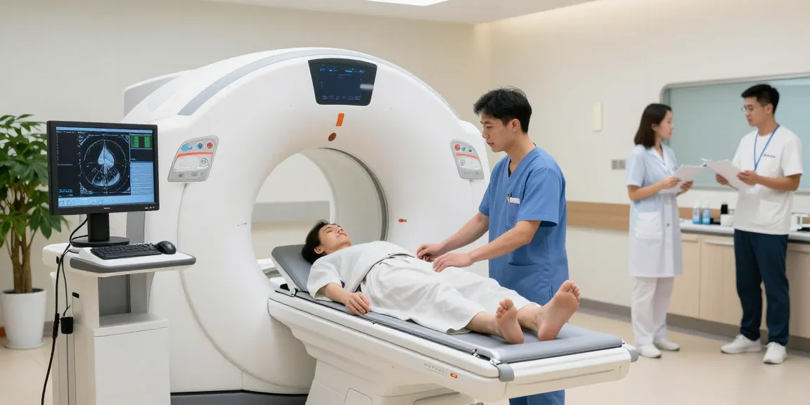 Radiologic technologist using medical imaging equipment in a modern hospital