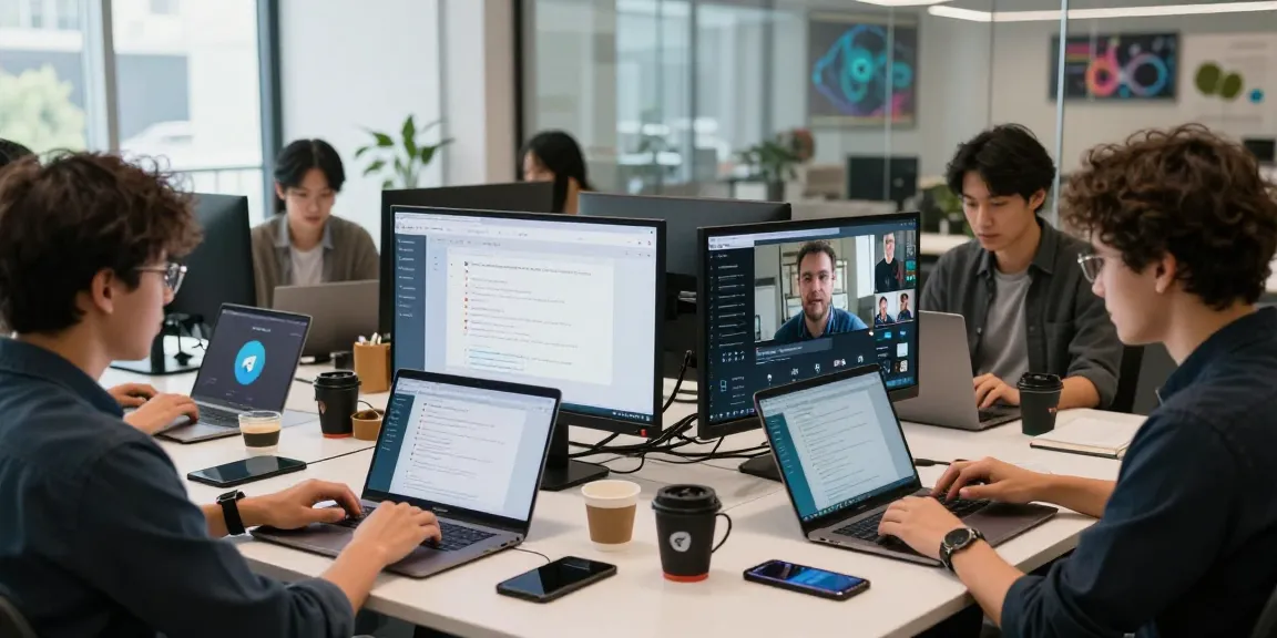 Team collaborating using Telegram Web Version on laptops in a modern workspace
