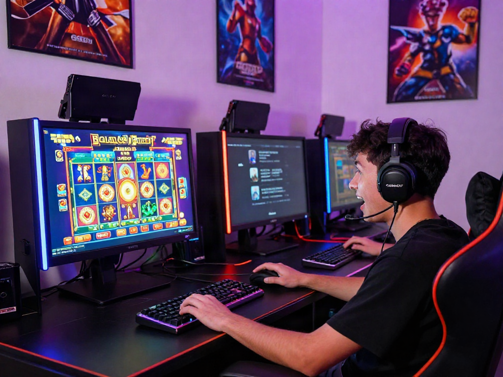 Player enjoying GGSOFT slot game on gaming setup with dynamic lighting