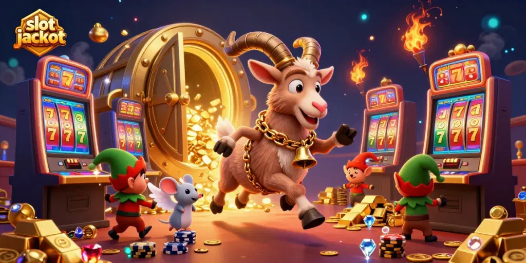 Experience the fun at the slot jackpot casino with the Krampus goat overseeing playful gremlins and an angel mouse.