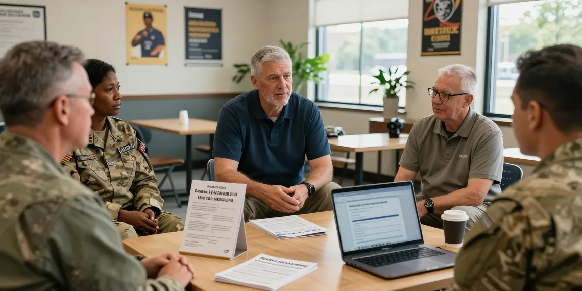 Veteran transition to civilian life support group sharing experiences in a community center.