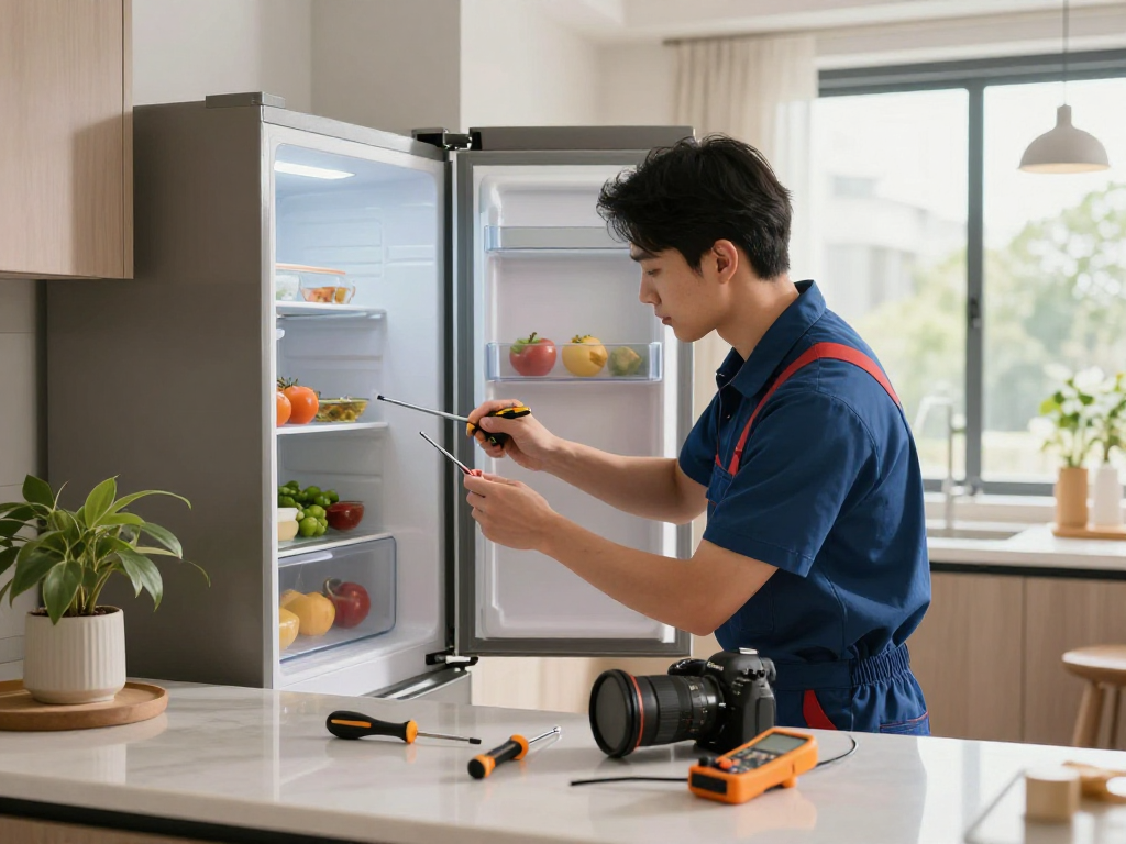Technician performing refrigerator repair Aurora in a modern kitchen.