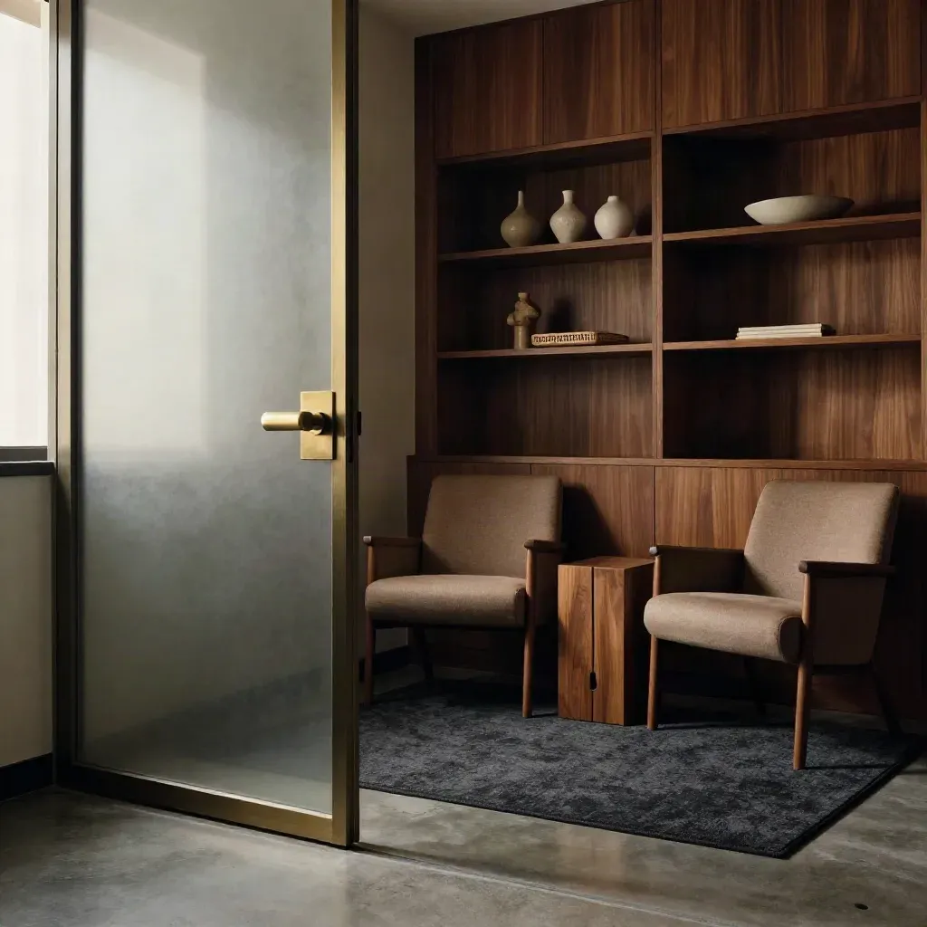 Quiet private office suite with frosted glass door, walnut shelving, lamp, and two tucked chairs.