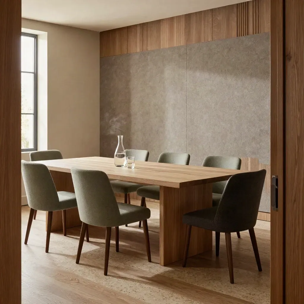 Quiet meeting room with oak table, six chairs, glass carafe and sage acoustic wall in warm light.