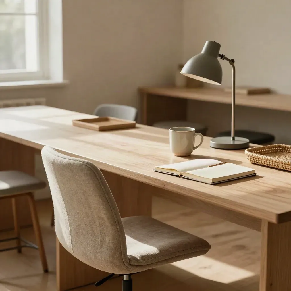 Warm coworking communal desks with chair, mug, notebook, and lamp in soft daylight.