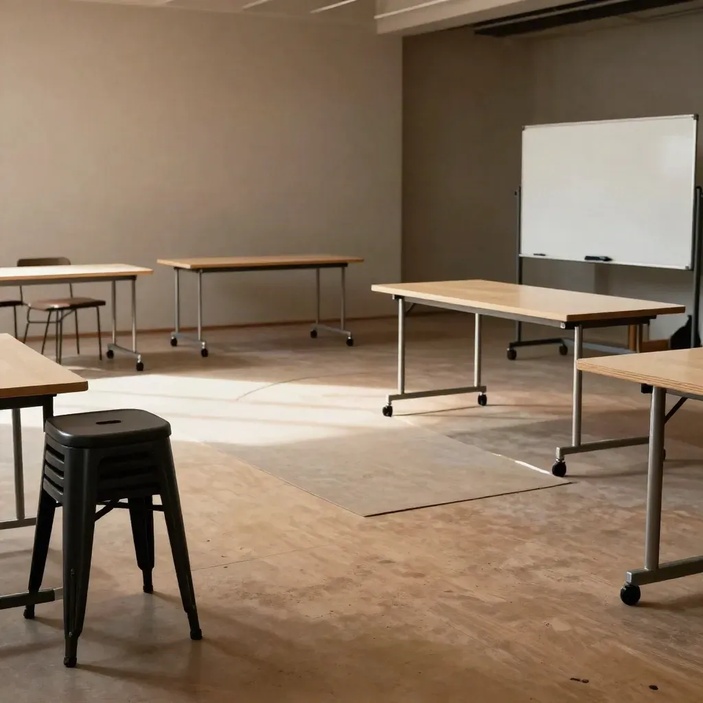 Workshop floor with stacked stools, folding tables, blank whiteboards and a rolled rug