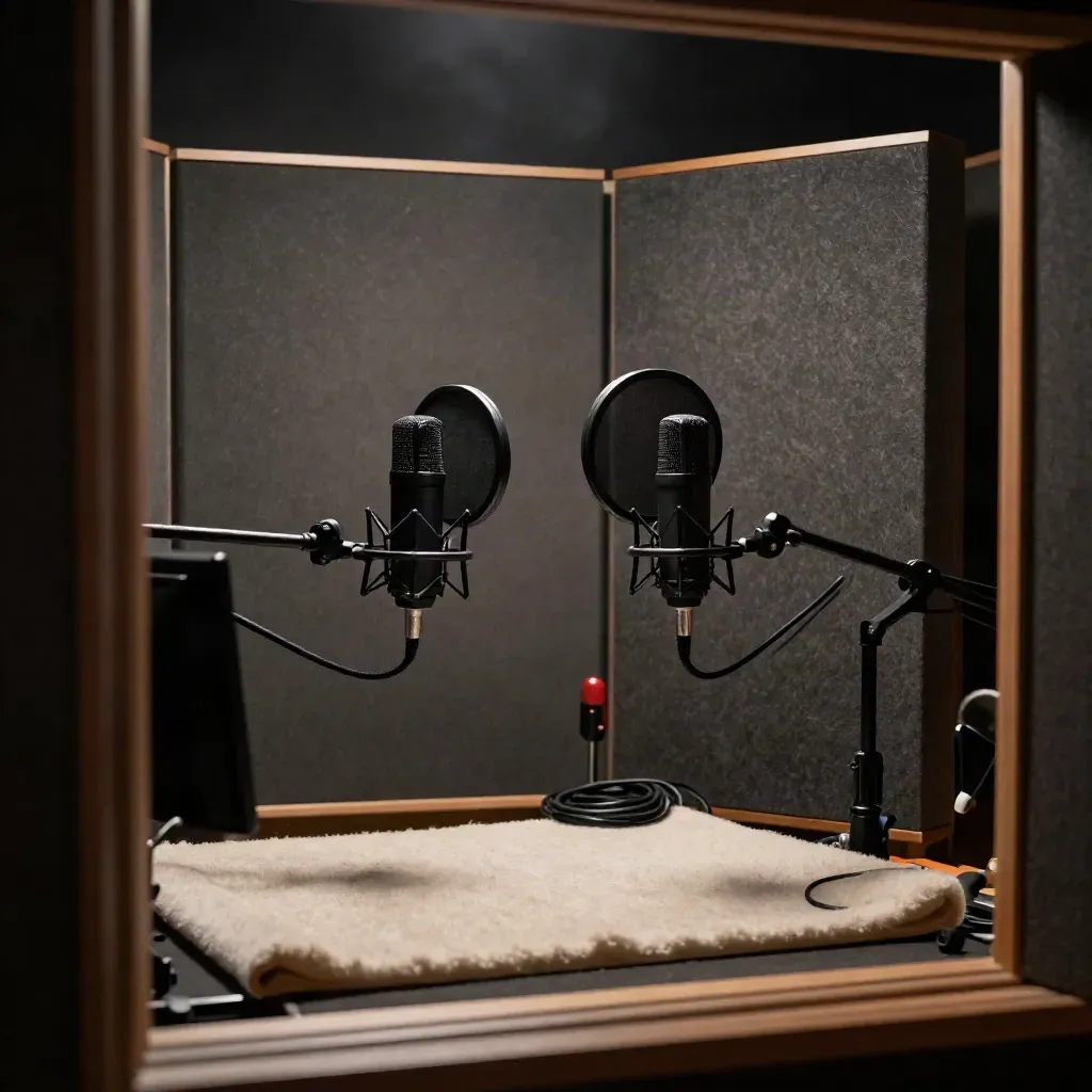 Moody podcast booth with twin mics, pop filters, acoustic panels and a red tally light