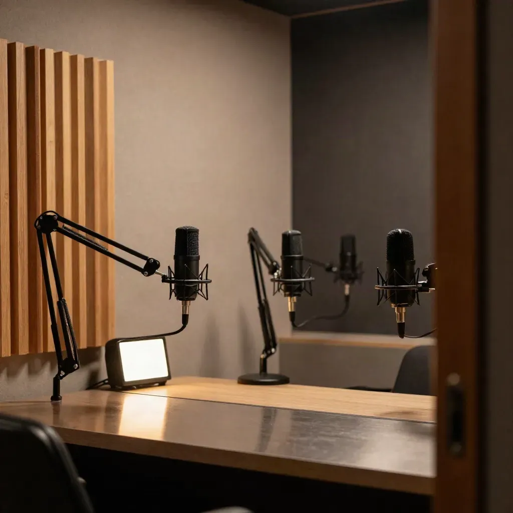 Quiet podcast booth with four mics, boom arms, acoustic panels and a soft LED glow