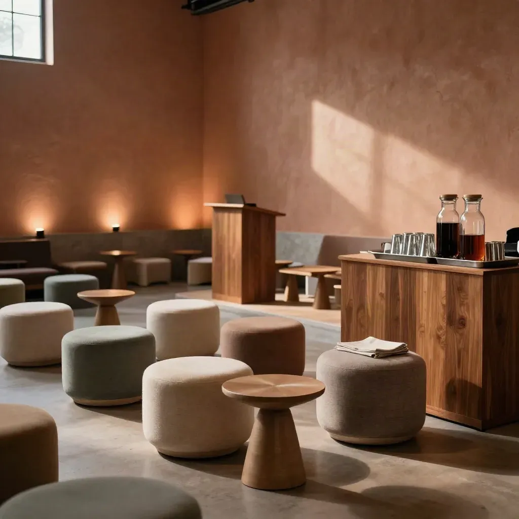 Empty lounge talk setup with podium, stools, uplights, and beverage station in warm evening light.