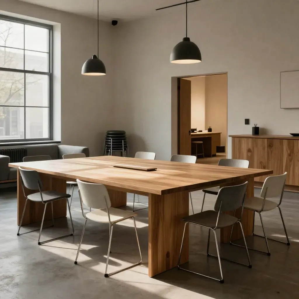 Prepared coworking launch space with six desks, meeting doorway, sealed chairs and uplights in warm sunlight