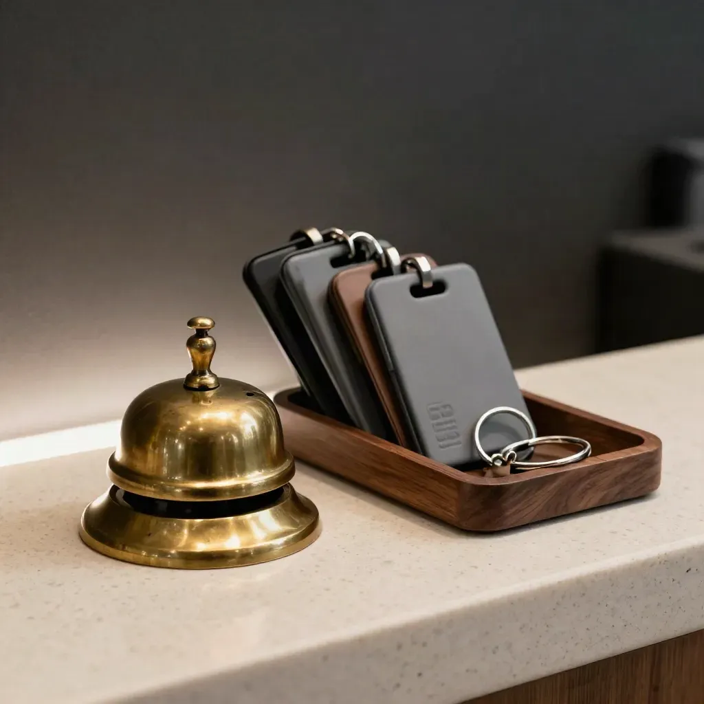 Brass reception bell, access fobs, and key tray on travertine in dramatic studio light.