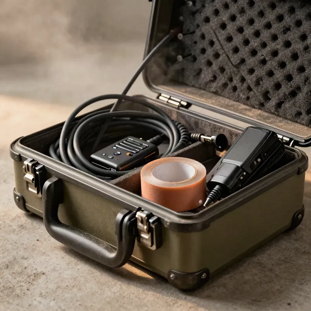 Packed event audio kit in a hard case with cable, receiver, tape, and clip light