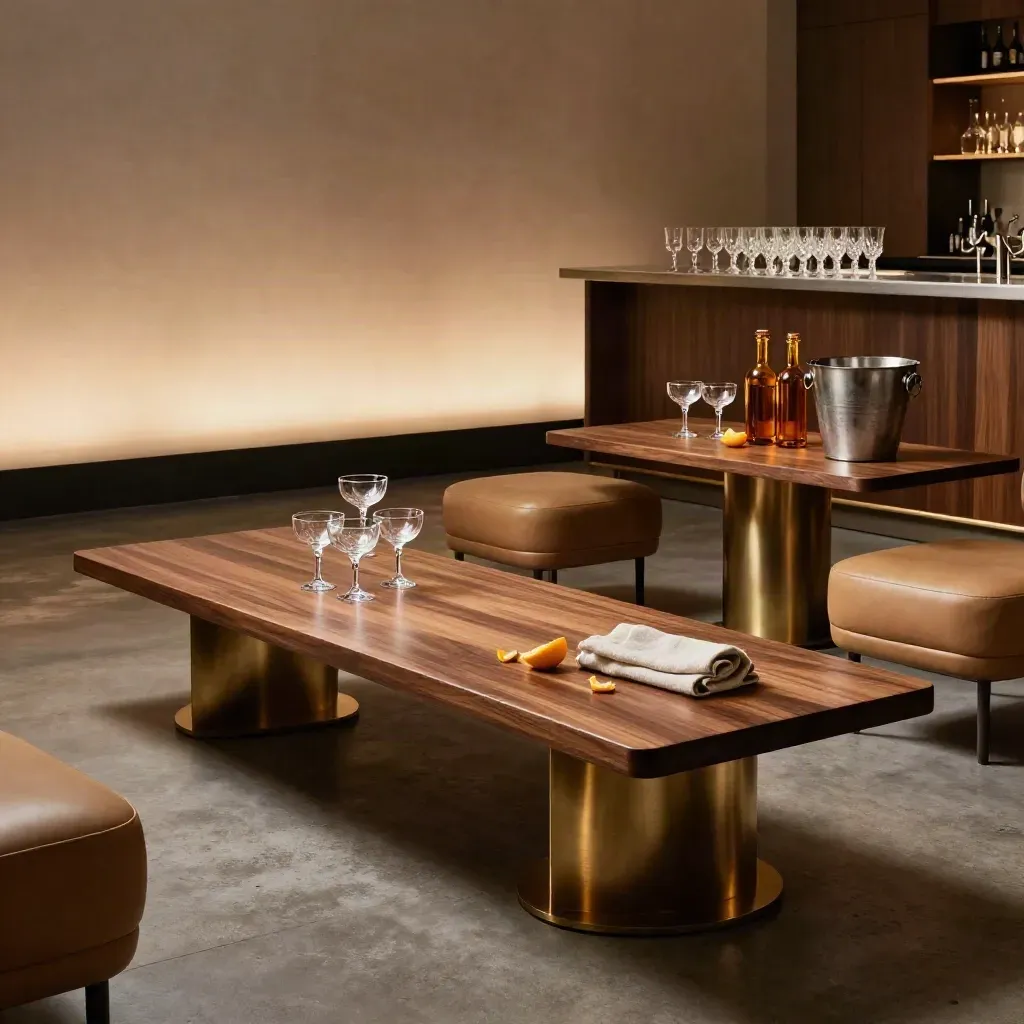Empty event lounge with cocktail tables, stools, barware, uplights, and a receding stage at dusk.