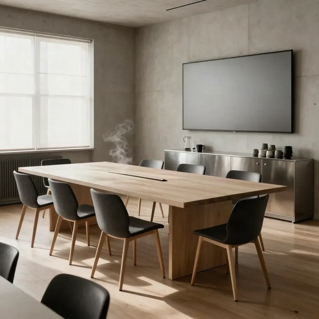 Empty meeting room after a planning session with chairs, table, coffee station, and soft steam.