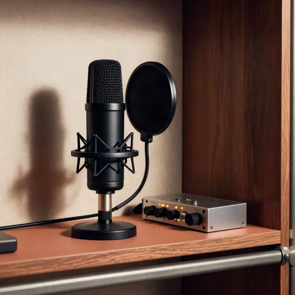 Podcast mic, pop filter, foam windscreen and audio interface on a terracotta shelf in soft window light