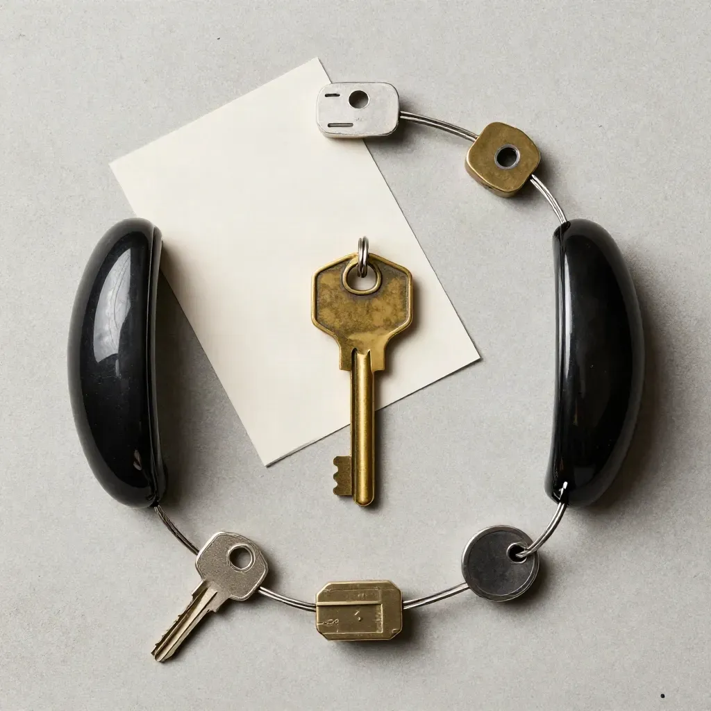 Overhead flatlay of key fob, glazed door pull, and room key tab on pale concrete