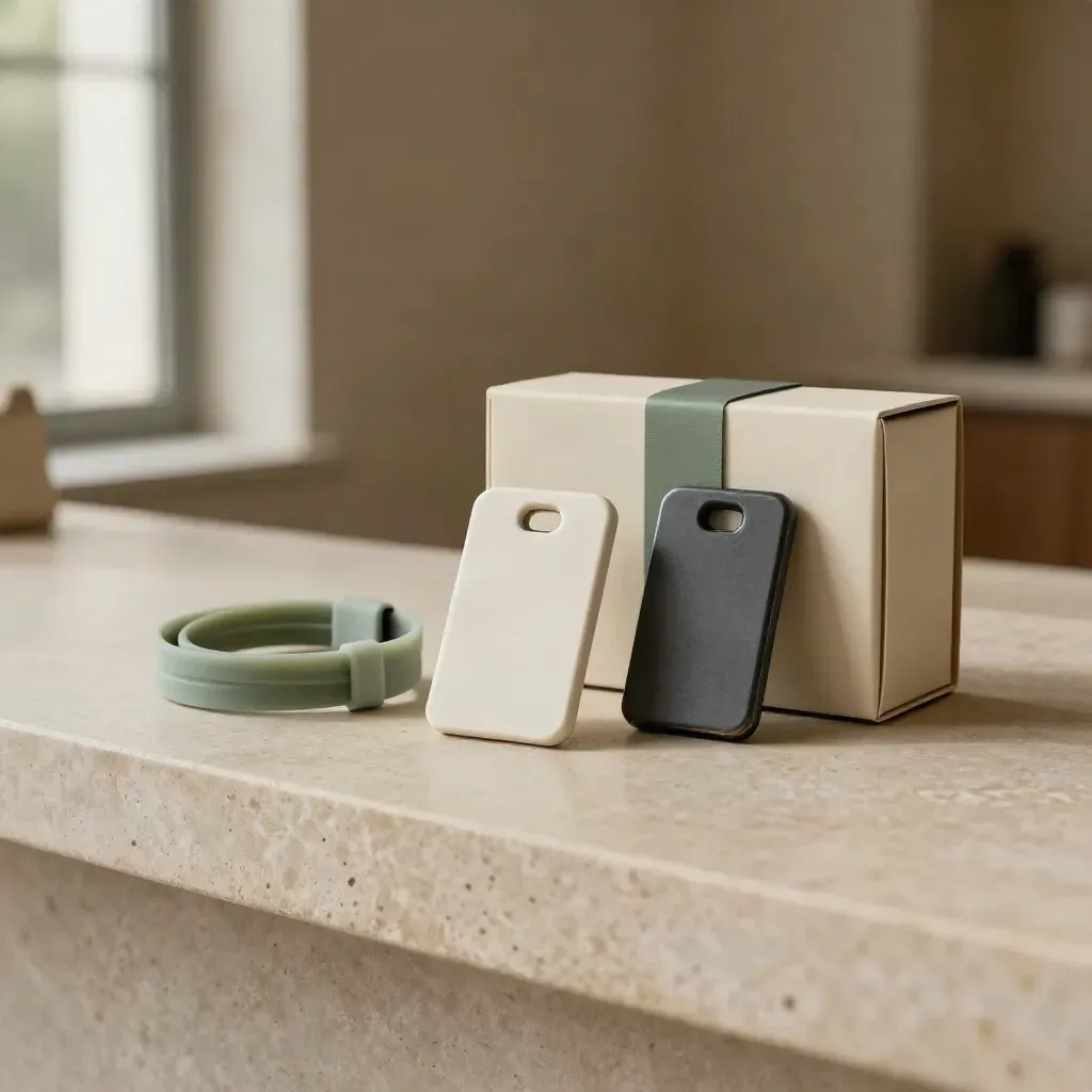 Keycard, cable tie, door fob and welcome kit box on a limestone shelf in soft light