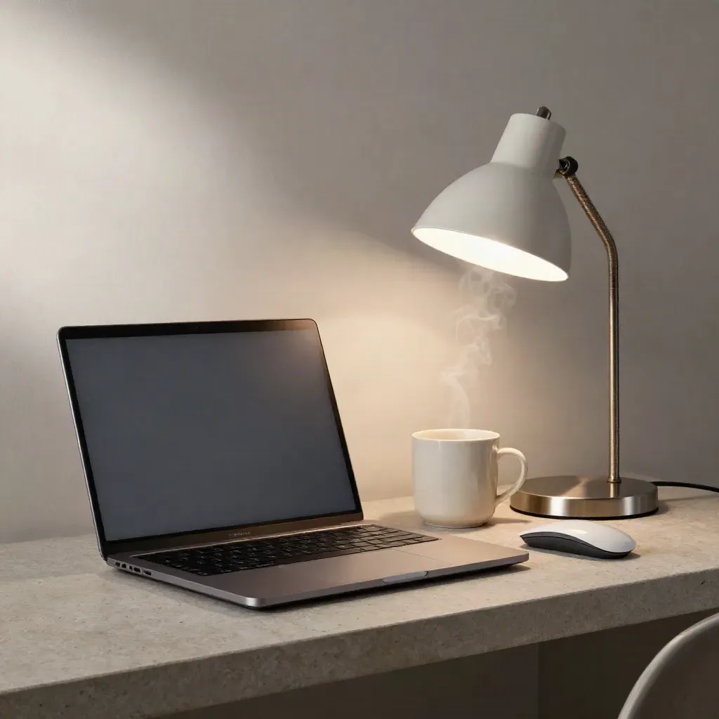 Closed laptop, mug, mouse and lamp on a stone shelf with morning steam