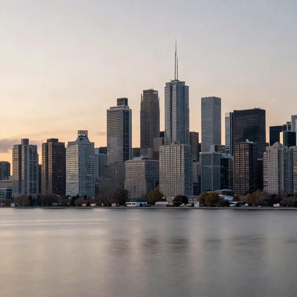 Toronto skyline over calm waterfront at blue hour, warm haze and glowing towers.