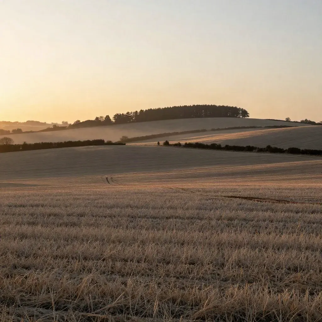 Golden Caledon fields with mist, tree line, and escarpment horizon at dusk