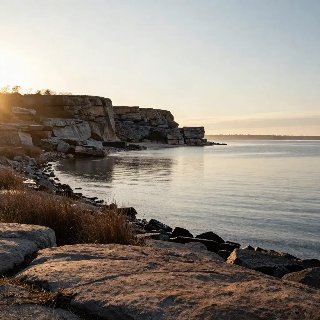 Golden-hour Burlington waterfront with layered shoreline, calm lake and escarpment silhouette
