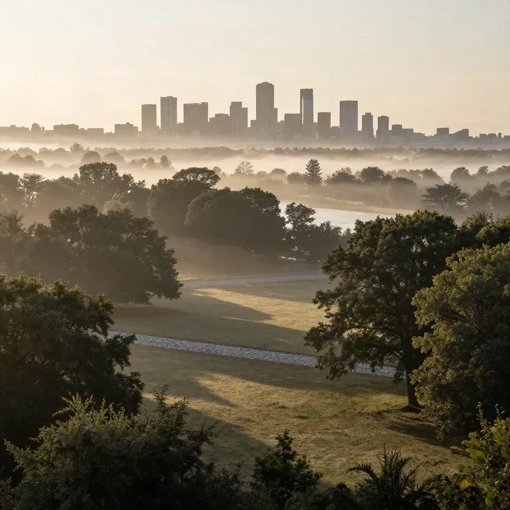 Foggy York Region valley with distant Vaughan skyline at sunrise