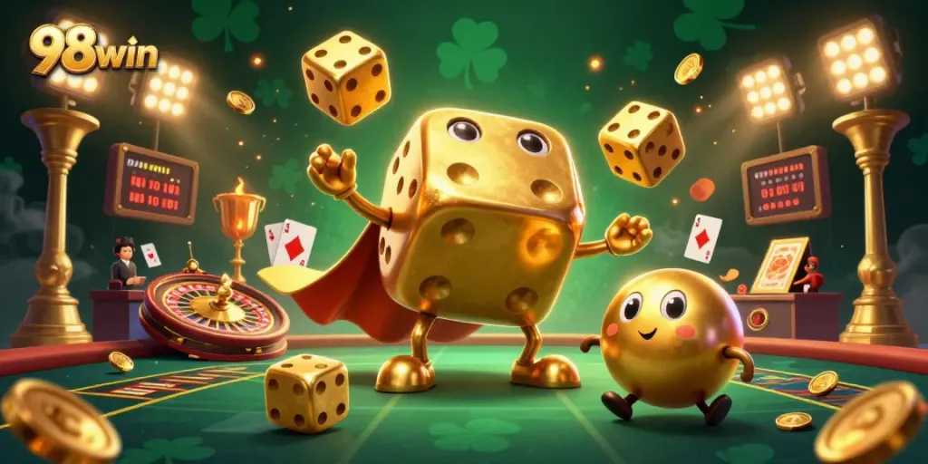 Join the excitement at 98win with this vibrant 3D digital casino scene filled with dice, cards, and trophies.