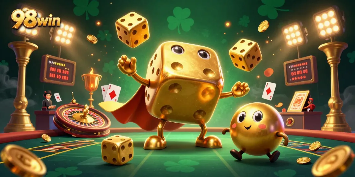 Join the excitement at 98win with this vibrant 3D digital casino scene filled with dice, cards, and trophies.