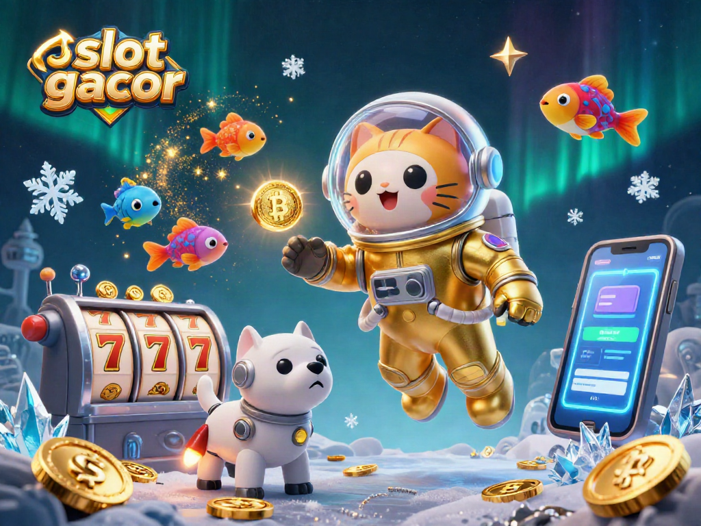 Engage with the thrilling slot gacor experience alongside a space-themed 3D illustration featuring a floating cat and a robot dog.
