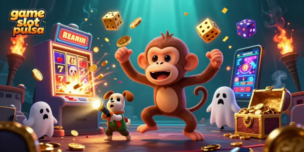 Engage with game slot pulsa in a vibrant casino scene featuring a mischievous monkey and a curious puppy.