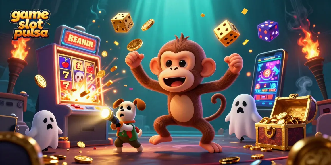 Engage with game slot pulsa in a vibrant casino scene featuring a mischievous monkey and a curious puppy.
