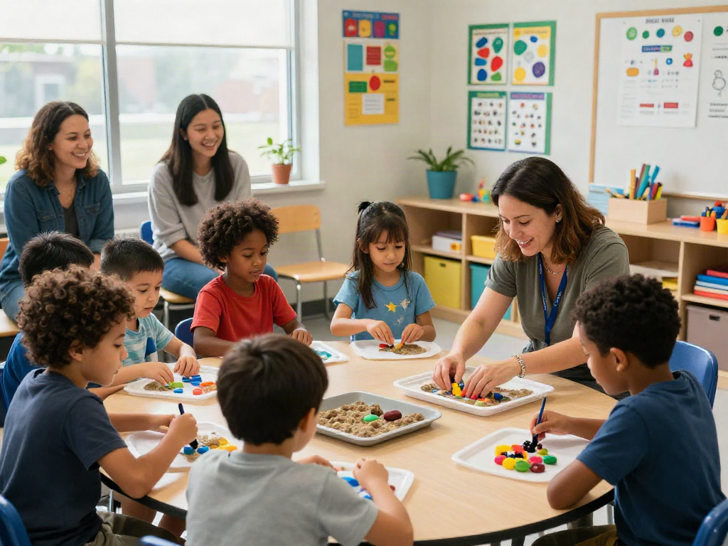 Autism education programs Burlington featuring a diverse group of children engaged in a sensory activity with a supportive teacher in a vibrant classroom.