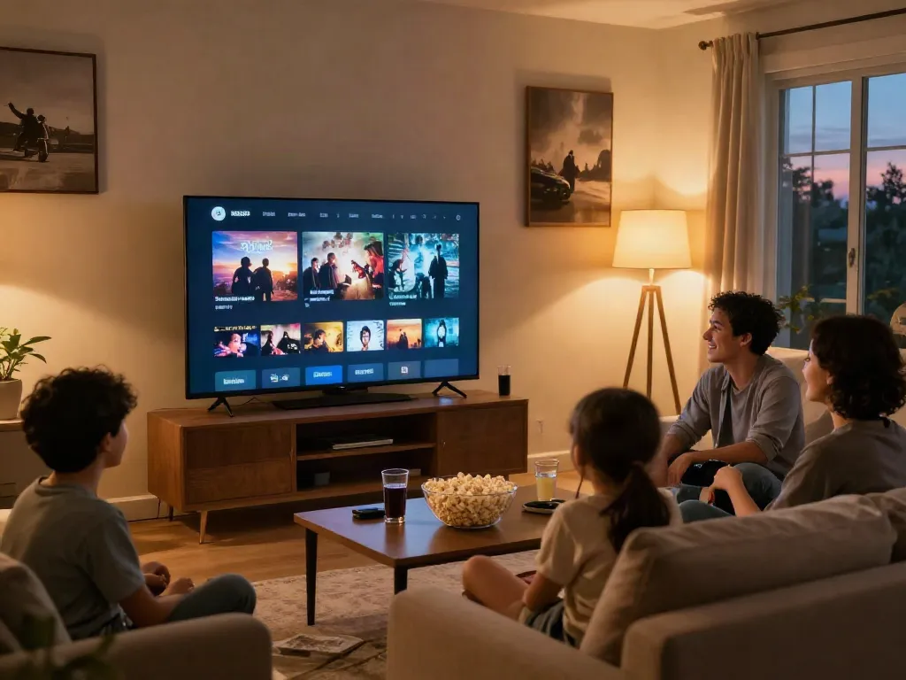 Family enjoying movie night using the movie box app, cozy living room setting.