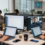 Team collaborating using Telegram Web Version on laptops in a modern workspace
