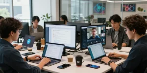 Team collaborating using Telegram Web Version on laptops in a modern workspace