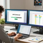 WPS Download in a modern office workspace with dual monitors displaying software installation.