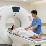 Radiologic technologist using medical imaging equipment in a modern hospital