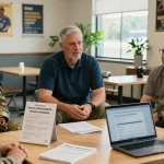Veteran transition to civilian life support group sharing experiences in a community center.